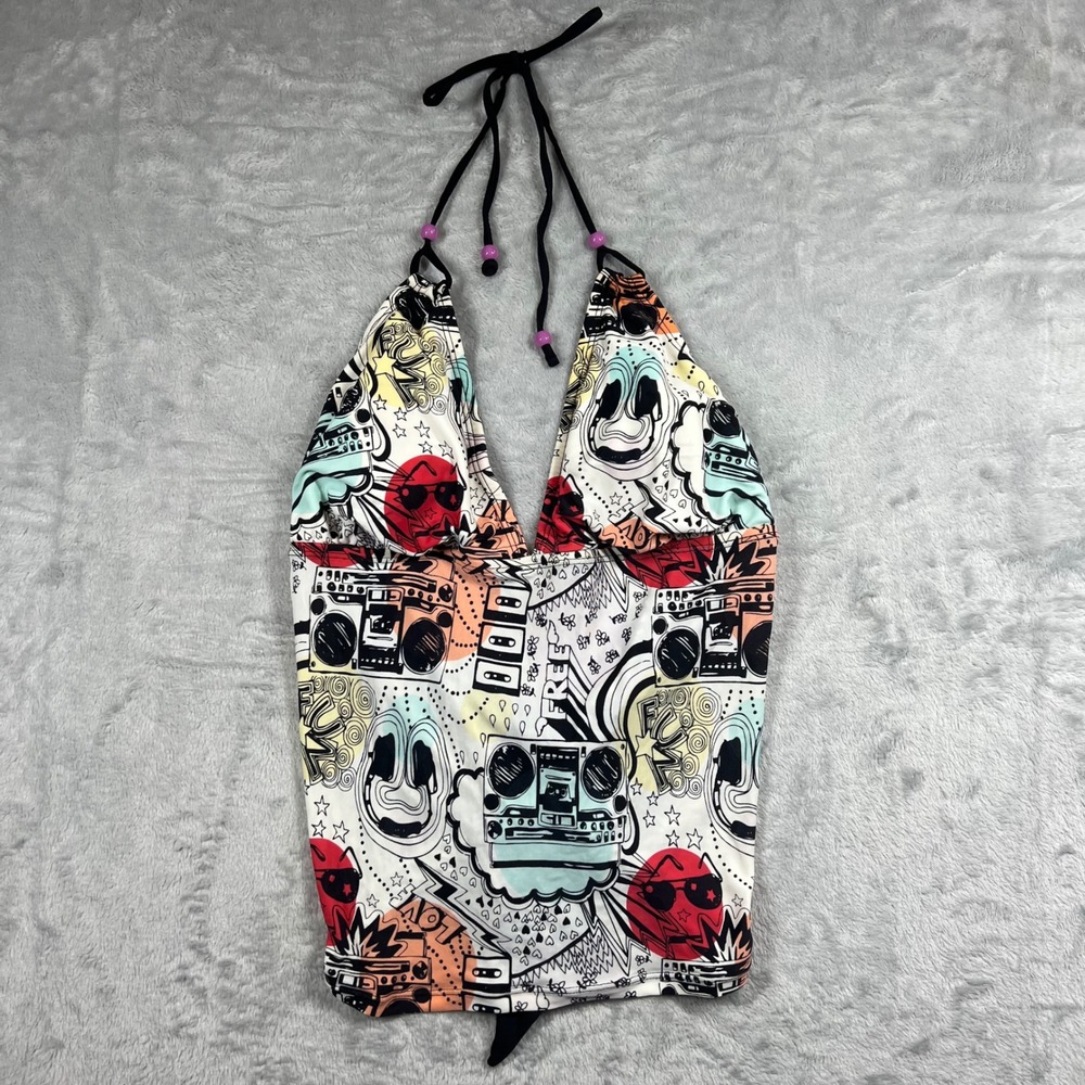 Joe Boxer Womens XL Halter Swim Top Graffiti Boombox Print Retro Multicolor‎